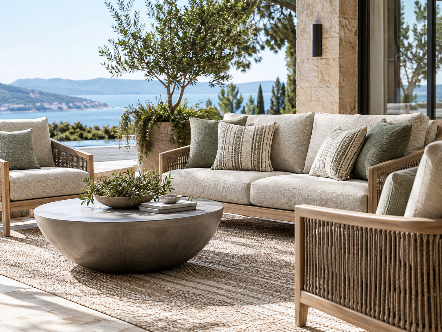 Outdoor upholstered furniture with premium woven fabric on a luxury patio