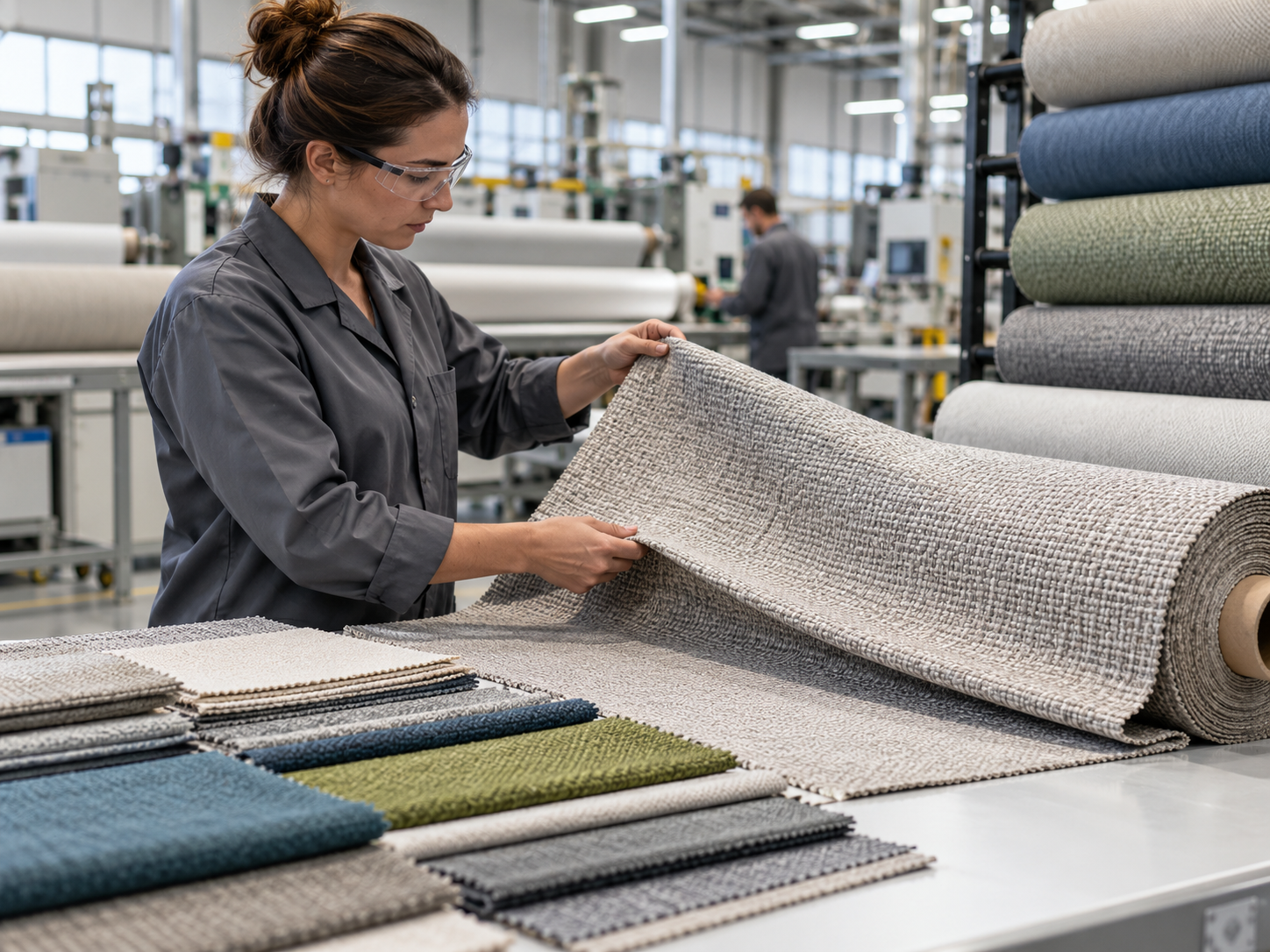 Fabric quality inspection in textile factory with woven upholstery material samples