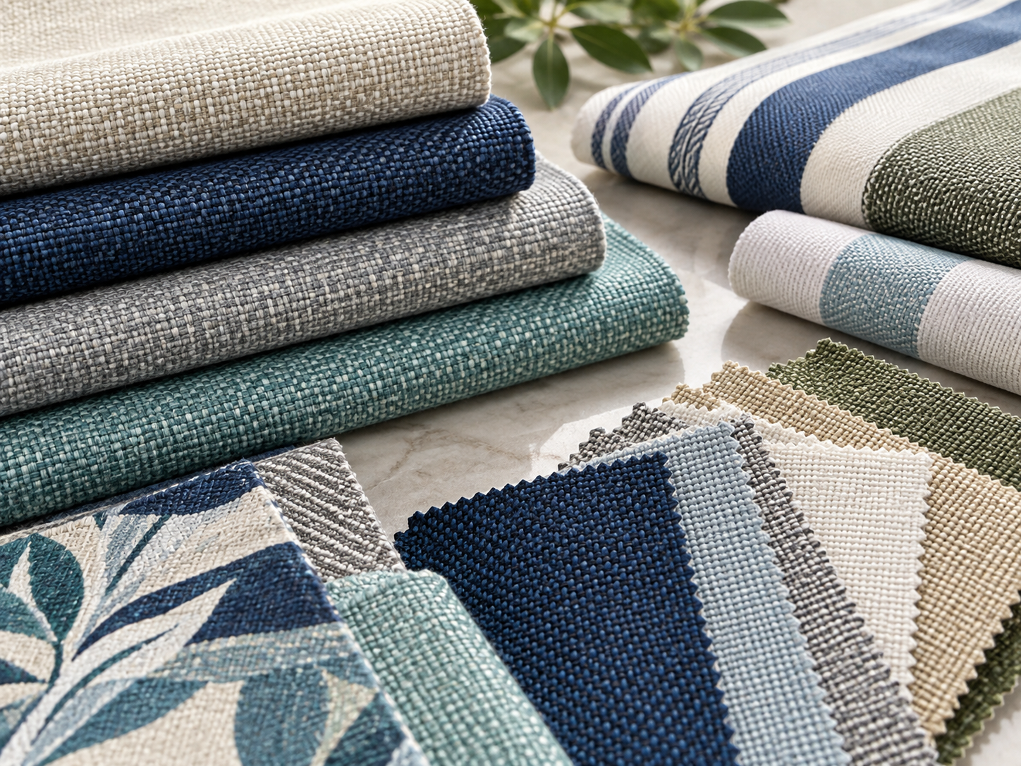 Premium upholstery fabric swatches and woven textile samples in neutral blue and green tones