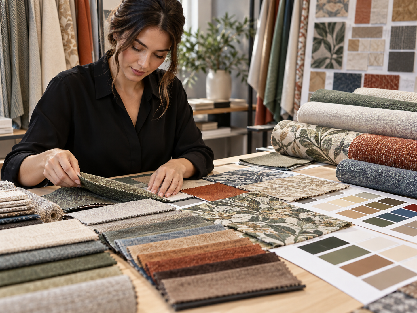 Interior fabric selection and material planning with upholstery swatches and color palette