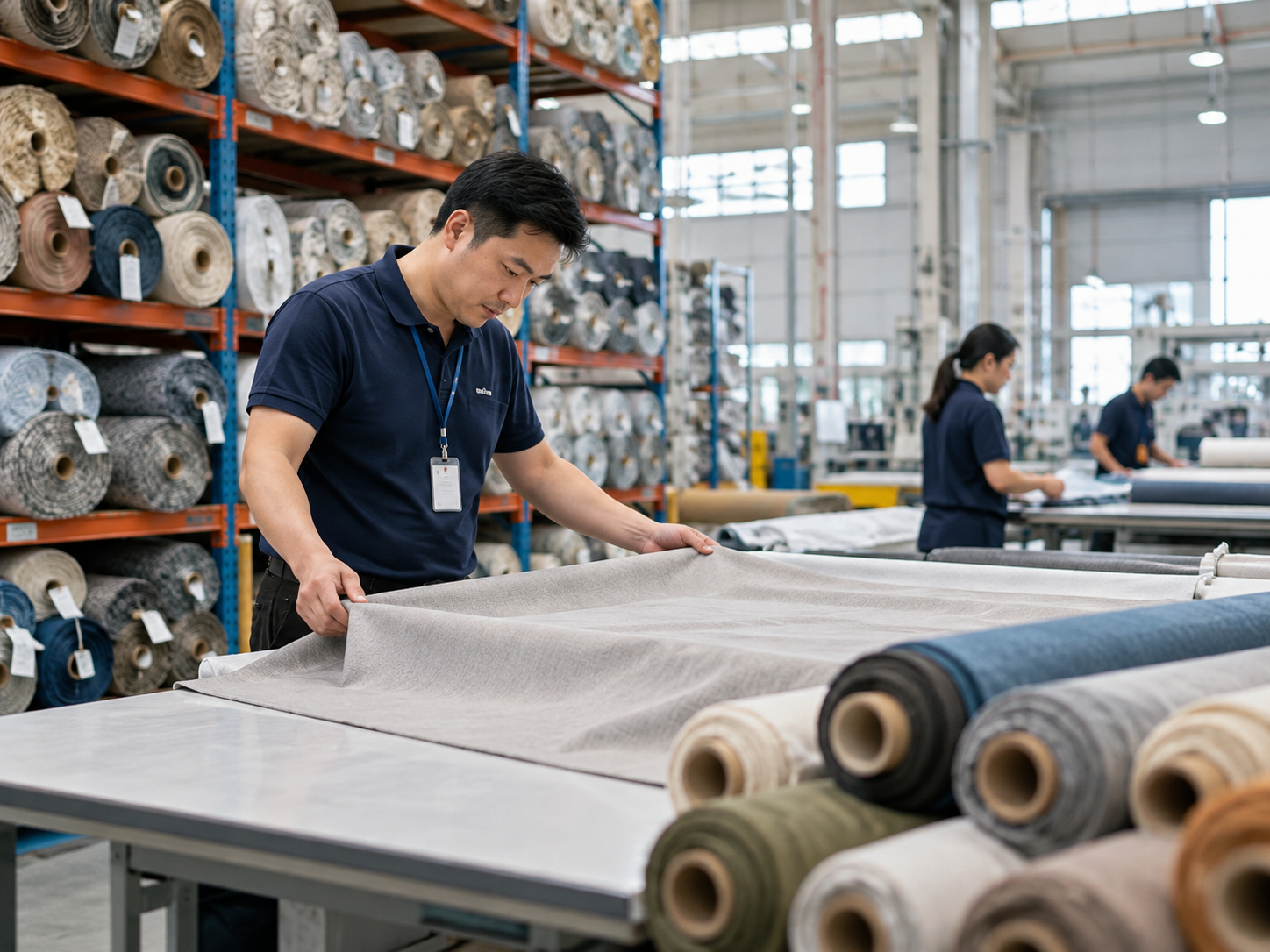 1. Textile factory team inspecting upholstery fabric rolls for production and quality control