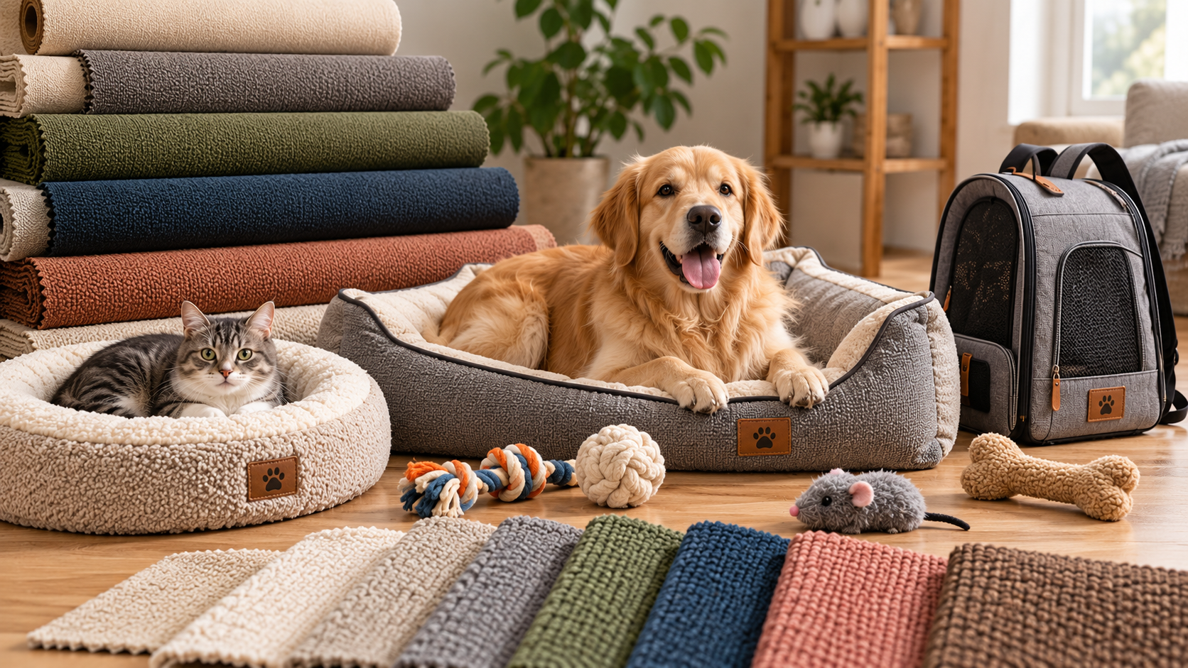 Durable pet product fabrics with upholstery rolls, pet beds and carrier bag